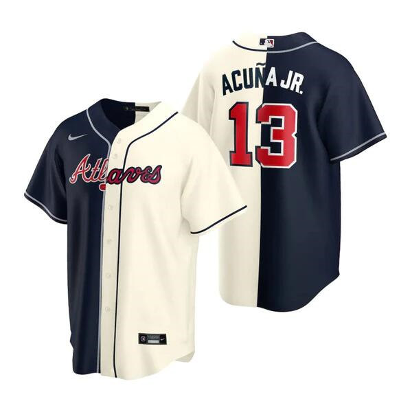 Men's Atlanta Braves #13 Ronald Acuna Jr. Navy/Cream Split Cool Base Stitched Baseball Jersey